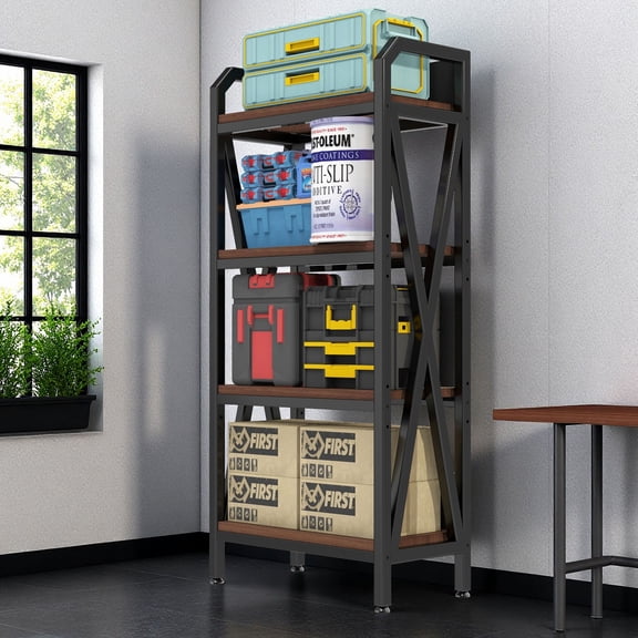 S-HOME 4-Level Bakers Rack with Adjustable Shelves in Black and Wood Finish for Kitchen and Garage Organization