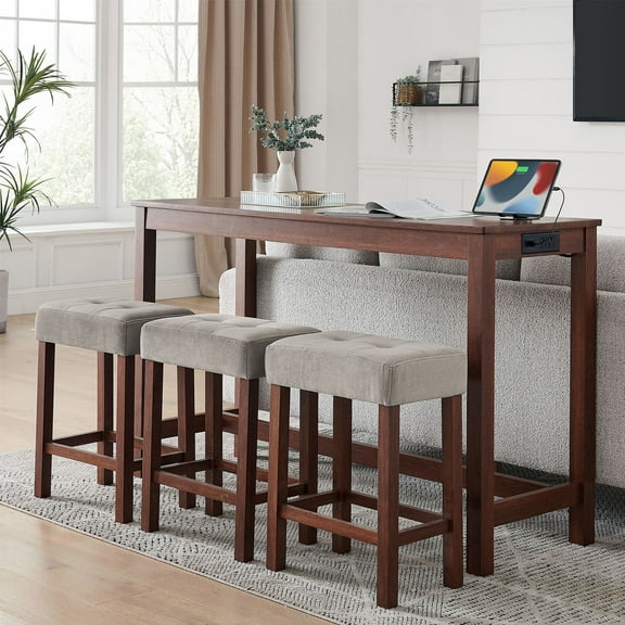 S-HOME 4-Piece 59 Inch Bar Table Set with Solid Wood Legs and USB Charging, Includes 3 Upholstered Stools for Home Use, Cherry