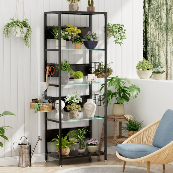 S-HOME 4-Tier Glass Display Shelf with Adjustable Storage Box and Hooks, Metal Frame LED Curio Cabinet for Home Decor