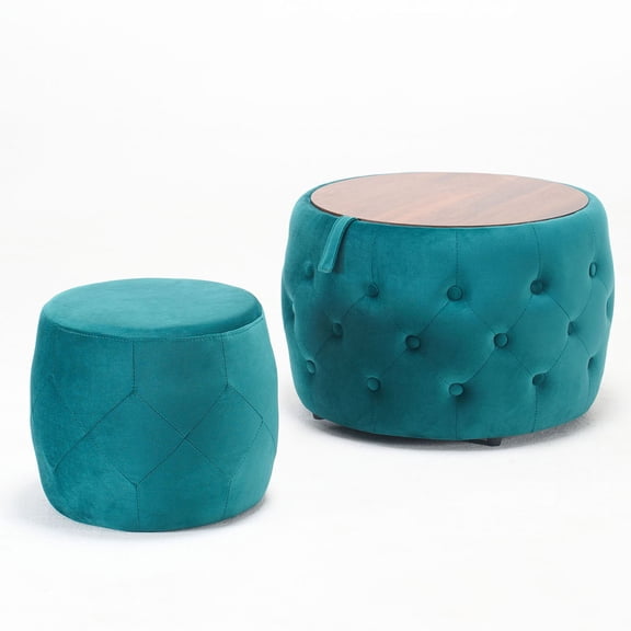 S-HOME 4-in-1 Function Velvet Nesting Ottomans Pair, Round Storage Stool with Wood Tray, Ready to Use No Assembly, Blue