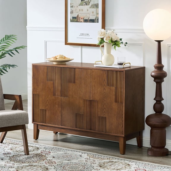 S-HOME 44.3'' Buffet Cabinet in Rustic Finish with Adjustable Shelves for Living Room Dining Room Storage,Walnut