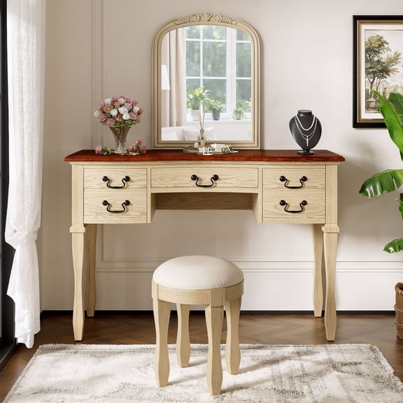 S-HOME 46 Inch Vintage Dressing Table with Five Drawers and Antique Handles, Includes Leather Stool