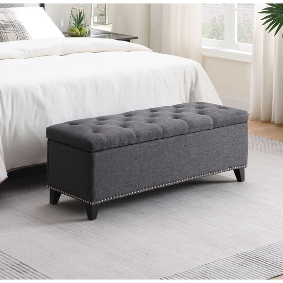 S-HOME 47.5" Button-Tufted Storage Bench in Linen with Safety Close Hinge, Perfect Ottoman for Hallway and Foot Rest,DARK GREY