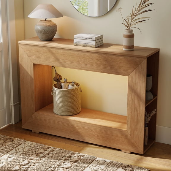 S-HOME 47" Farmhouse Console Table with LED Lights & Charging Station, Narrow Sofa Table for Entryway