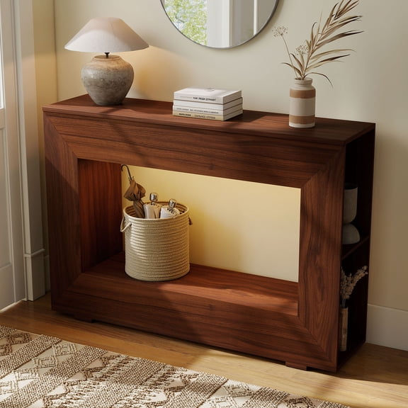 S-HOME 47" Farmhouse Console Table with LED Lights & Charging Station, Narrow Sofa Table for Entryway