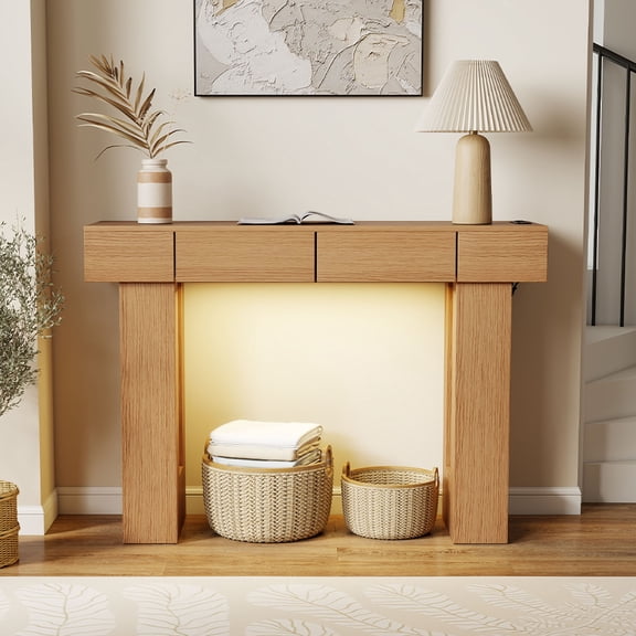 S-HOME 47" Farmhouse Entryway Table with Storage Drawer, LED Lights & Charging Station, Rustic Narrow Console Sofa Table for Living Room, Hallway