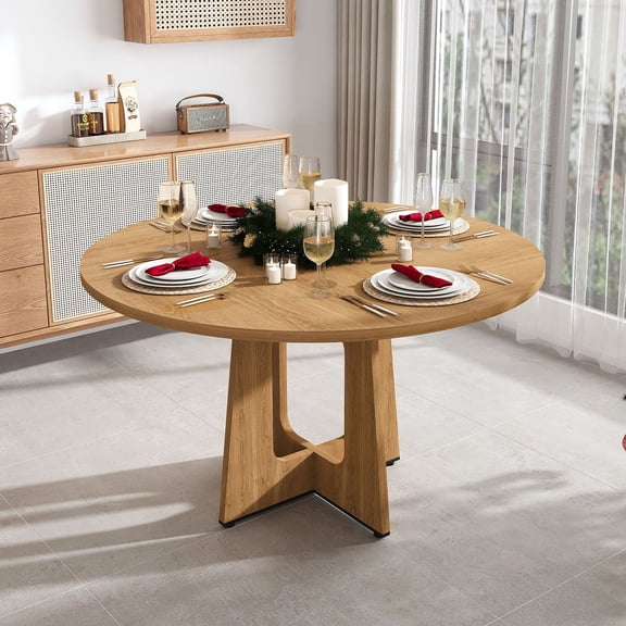 S-HOME 47 Inch Round Dining Table For 4 With Oak Finish, MDF Construction, Ideal For Kitchen And Living Room Use