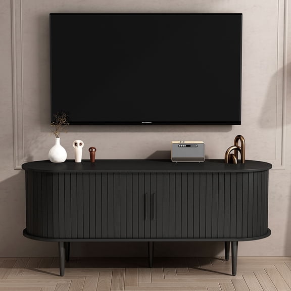 S-HOME 47 Inch TV Stand Console Table with Storage Compartment and Sliding Door for Living Room Bedroom Office，Black