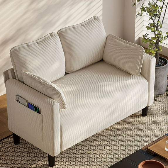 S-HOME 48 Inch Corduroy Loveseat Couch With Side Storage Pocket For Living Room Apartment Office Or Dorm , Beige