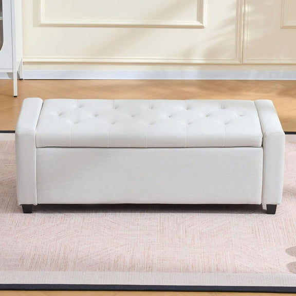 S-HOME 48 Inch Rectangle Linen Storage Bench with Safety Hinge, for Bedroom or Entryway Furniture, Beige