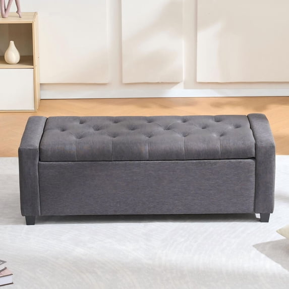 S-HOME 48 Inch Rectangle Linen Storage Bench with Safety Hinge, for Bedroom or Entryway Furniture, Grey