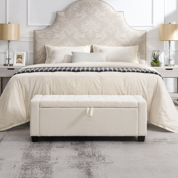 S-HOME 48 Inch Upholstered Storage Ottoman Bench in Neutral Color, Ideal for Living Room and Bedroom Seating Needs