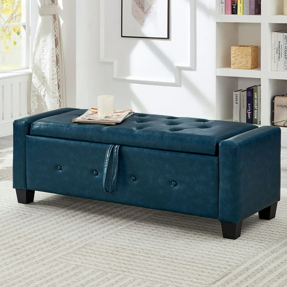S-HOME 48 Inch Upholstered Tufted Faux Leather Storage Ottoman Bench With Easy Assembly For Bedroom And Living Room, Blue