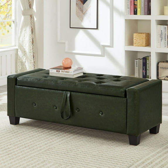 S-HOME 48 Inch Upholstered Tufted Faux Leather Storage Ottoman Bench With Easy Assembly For Bedroom And Living Room, Dark Green