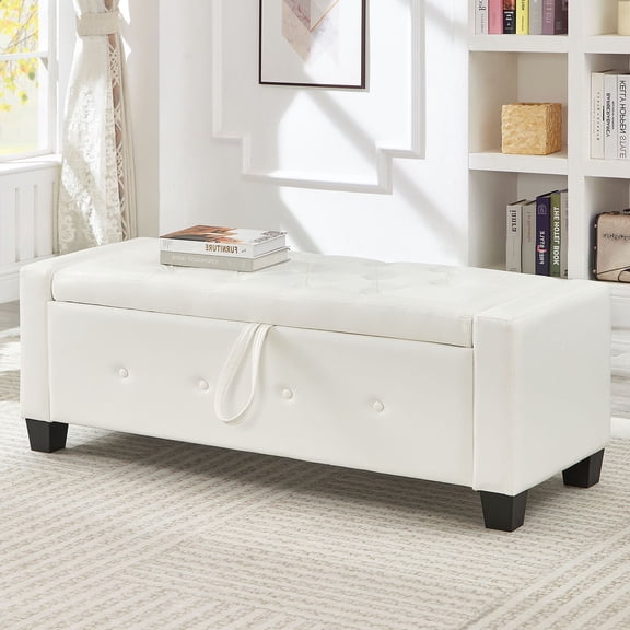 S-HOME 48 Inch Upholstered Tufted Faux Leather Storage Ottoman Bench With Easy Assembly For Bedroom And Living Room, Ivory White