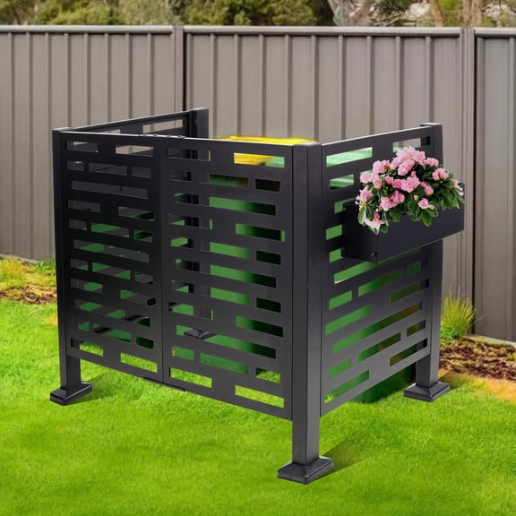 S-HOME 4x2FT Metal AC Privacy Fence w/Planter Box, Outdoor Trash Can Enclosure, Galvanized Steel