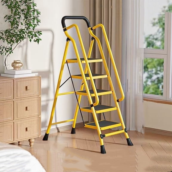S-HOME 5 Step Ladder With Handrails, Black Folding Step Stool Featuring Anti-Slip Wide Pedals For Home Use