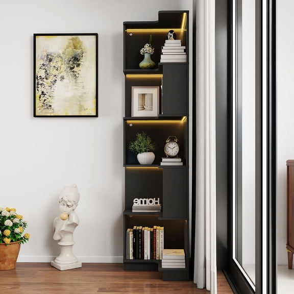 S-HOME 5 Tier Corner Bookshelf with Stylish Baffle and LED Lights, L Shaped Freestanding Display Shelf for Home Office