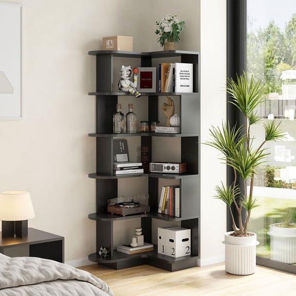 S-HOME 5-Tier L-Shaped Corner Bookshelf in Design Freestanding Storage Shelf for Living Room, Office and Bedroom