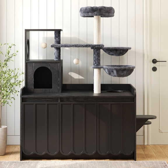 S-HOME 50.6" Cat Tower With Storage Space, Litter Box Enclosure, House, Hammock, And Sisal Scratcher