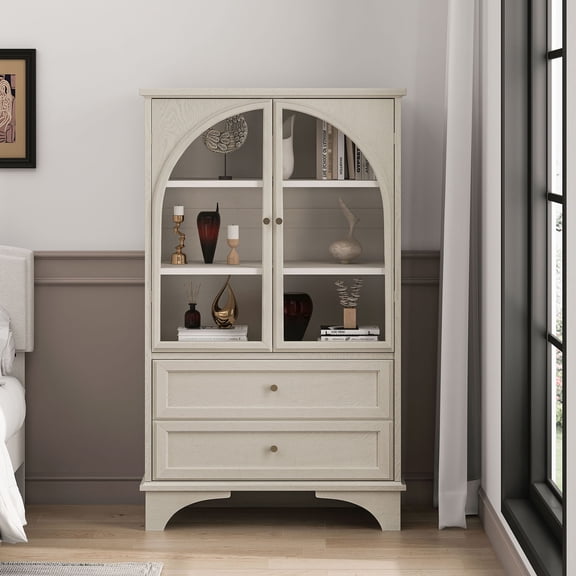 S-HOME 52.17 Inch Glass Door Display Case Storage Cabinet with 2 Drawers and Adjustable Shelf for Curio Storage Solutions,White