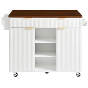 S-HOME 52 Inch Fluted Kitchen Island with Adjustable Shelves and Towel Rack,With Drop Leaf Features Power Outlet and Rolling Design, White
