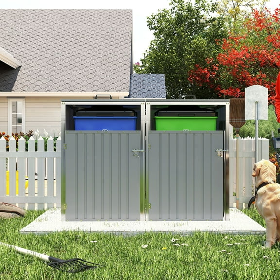 S-HOME 54 Cubic Feet Metal Shed for Garbage Can Storage, Outdoor Stainless Galvanized Steel Bin Shed for Garden Use,Light Gray