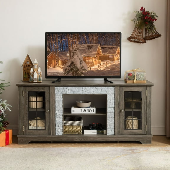 S-HOME 58 Inch TV Stand In Grey Featuring 2-Door Storage Faux Stone Design Large Media Console For Living Room