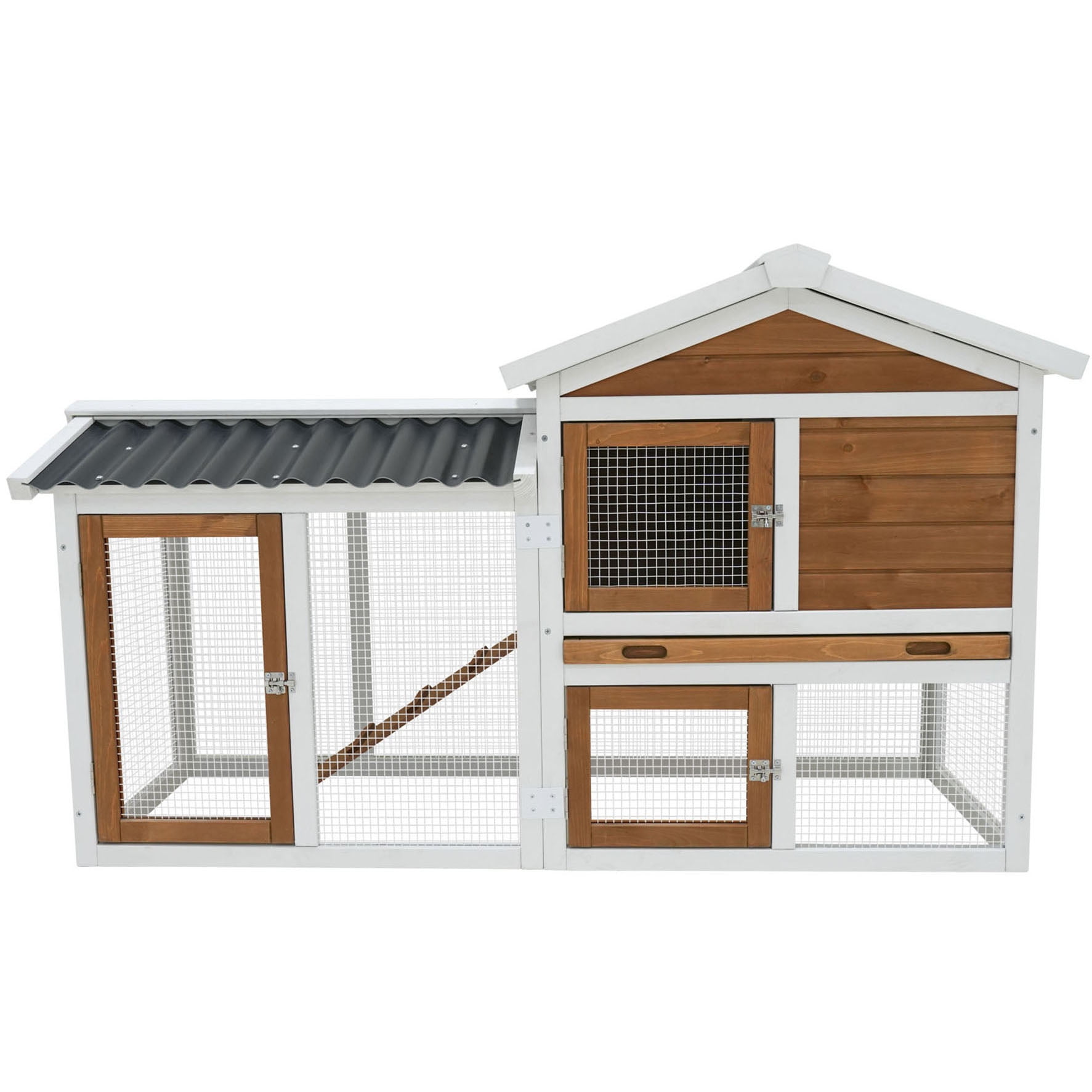 S-HOME 58" Orange-Yellow Wooden Outdoor Indoor Rabbit Hutch with Stairs Cleaning Tray for Small Pets and Guinea Pigs