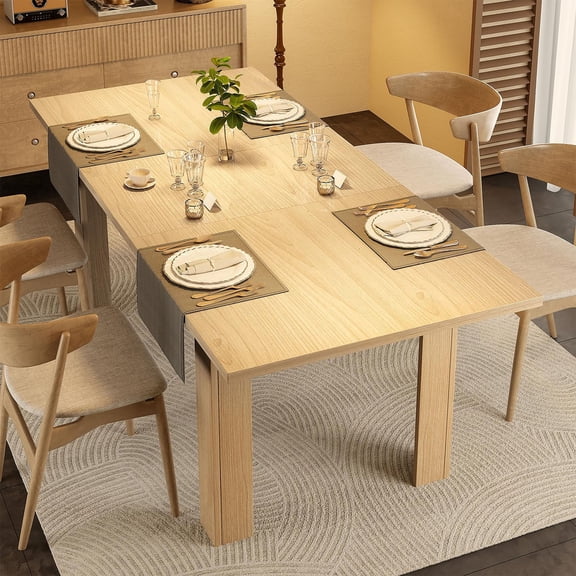 S-HOME 59"-77" Extendable Farmhouse Dining Table for 6-8, Space-Saving Rectangular Kitchen Table with Easy Pull-Out Extension, Durable & Easy-Clean Engineered Wood