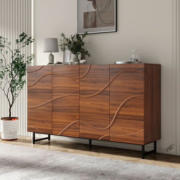 S-HOME 59 Inch Solid Wood Sideboard With Wave Relief Design, Walnut Texture And Iron Legs For Living Room Storage