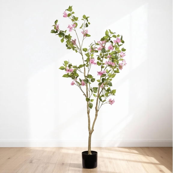 S-HOME 5ft Pink Bougainvillea Artificial Tree in Pot, Realistic Faux Plant for Indoor Home Office Decor