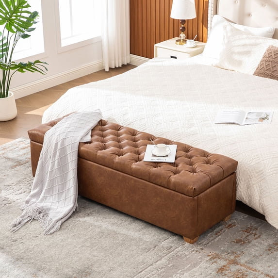 S-HOME 60.2 Inch Wide Chenille Upholstered Storage Bench With Tufted Flip-Top Design For Living Room And Bedroom Use,Brown