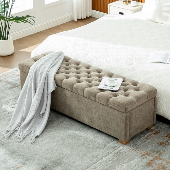 S-HOME 60.2 Inch Wide Chenille Upholstered Storage Bench With Tufted Flip-Top Design For Living Room And Bedroom Use,taupe