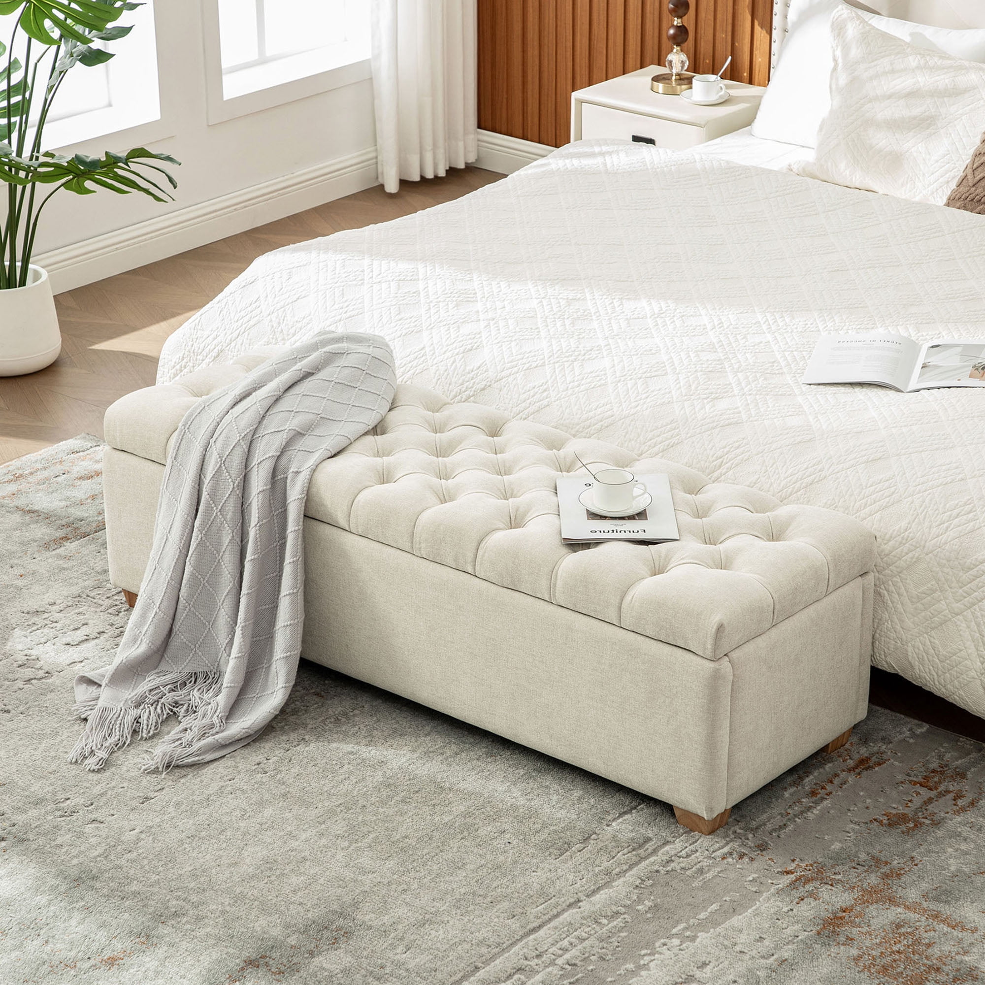 S-HOME 60.2 Inch Wide Chenille Upholstered Storage Bench With Tufted ...