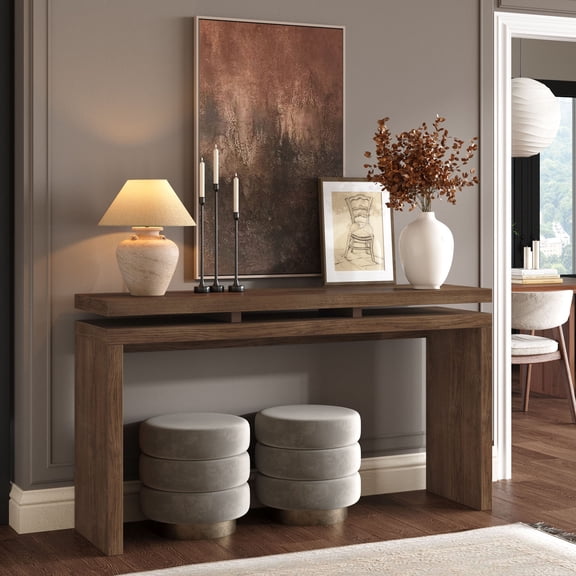 S-HOME 60 Inch Antique Brown Wooden Console Table with Double Board Suspension for Entryway, Solid Wood and MDF Design