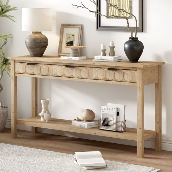 S-HOME 60 Inch Entryway Table with Honeycomb Fronts and Three Drawers for Living Room or Hallway