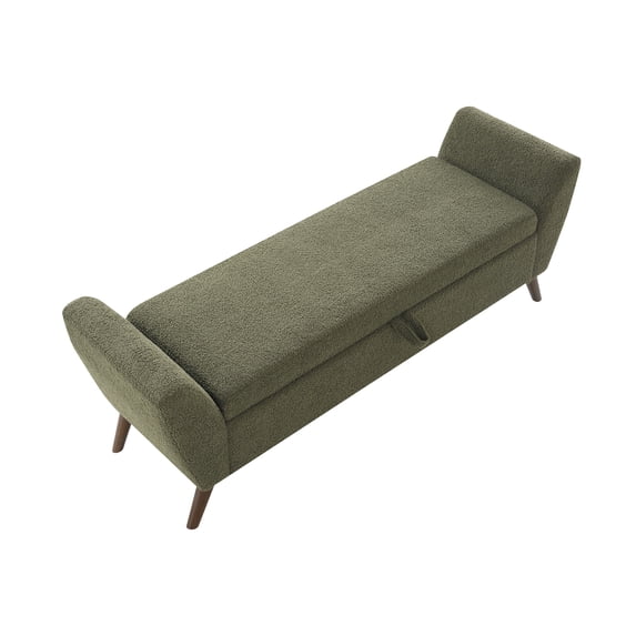 S-HOME 60 Inch Storage Bench in Teddy Cream with Comfortable Padding and Mid Century Wood Legs for Living Room Bedroom,Olive Green