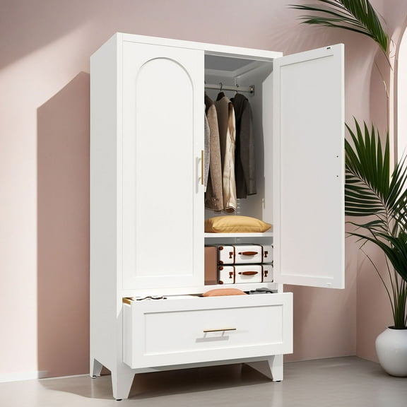 S-HOME 60 Inch Tall Metal Wardrobe Cabinet in Premium Steel with 1 Drawers and Hanging Rod for Bedroom and Office Storage