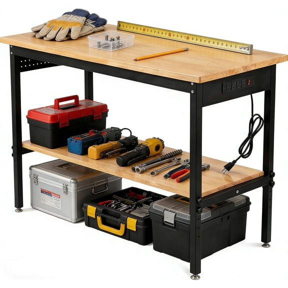 S-HOME 60"x24" Double-Layer Adjustable Workbench With Power Outlet, Solid Hardwood Top, 2500LBS Capacity For Garage