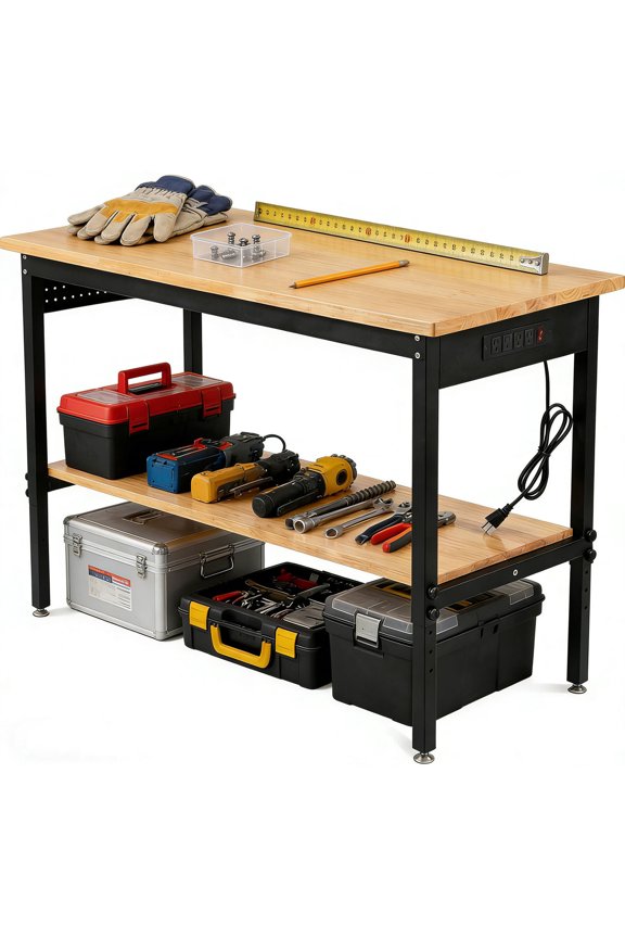 60"x24" Double-Layer Adjustable Workbench With Power Outlet, Solid Hardwood Top, 2500LBS Capacity For Garage