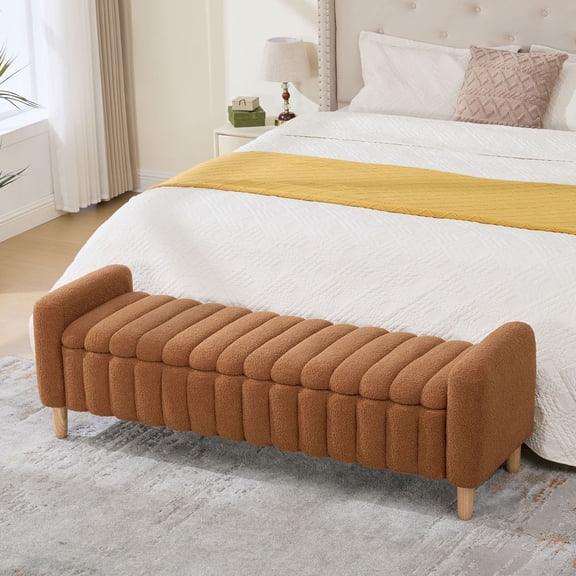 S-HOME 63.4 Inches Long Modern Upholstered End of Bed Bench in Teddy Fabric with Flip-Top Storage Compartment and Armrests, Solid Wood Legs, for Bedroom or Entryway, Caramel