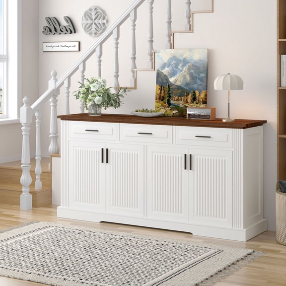 S-HOME 63 Inch Fluted Sideboard Buffet Cabinet with Ample Storage Space, 4 Doors and 3 Drawers for Entryway or Dining Room,White