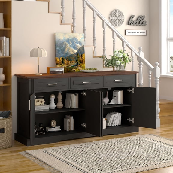 S-HOME 63 Inch Fluted Sideboard Buffet Cabinet with Ample Storage Space, 4 Doors and 3 Drawers for Entryway or Dining Room
