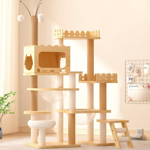 S-HOME 66.9 Inch Cat Tower with Sisal-Covered Scratching Posts and Acrylic Hammock Ideal for Multi-Cat Households
