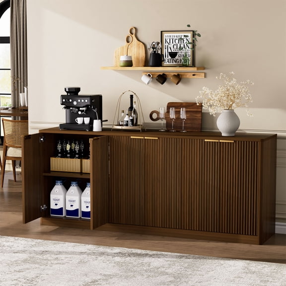 S-HOME 67-Inch Wavy Sideboard in Walnut, Curved Contour Design 6-Door Storage Cabinet for Kitchen and Living Room