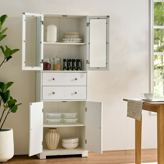 S-HOME 67" Tall Kitchen Storage Cabinet In Chic White Finish Featuring Doors Shelves And Spacious Design