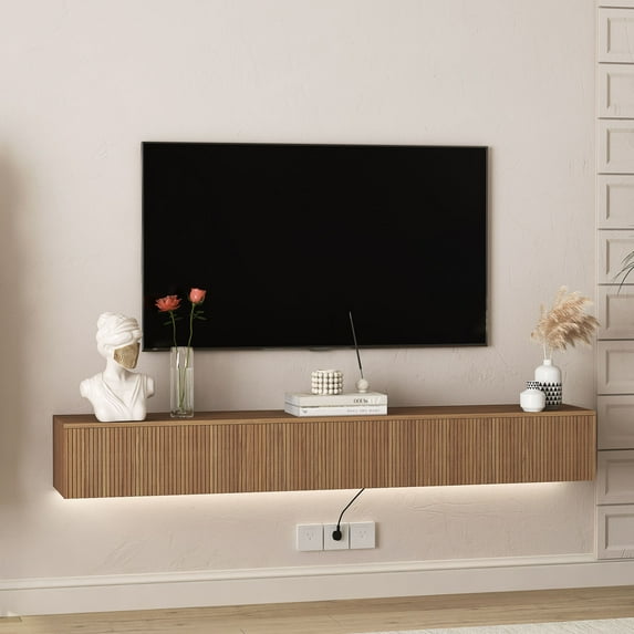 S-HOME 69 Inch Floating TV Stand Wall Mounted With 16 Color LEDs Entertainment Center For 55 60 65 Inch TVs,Wood