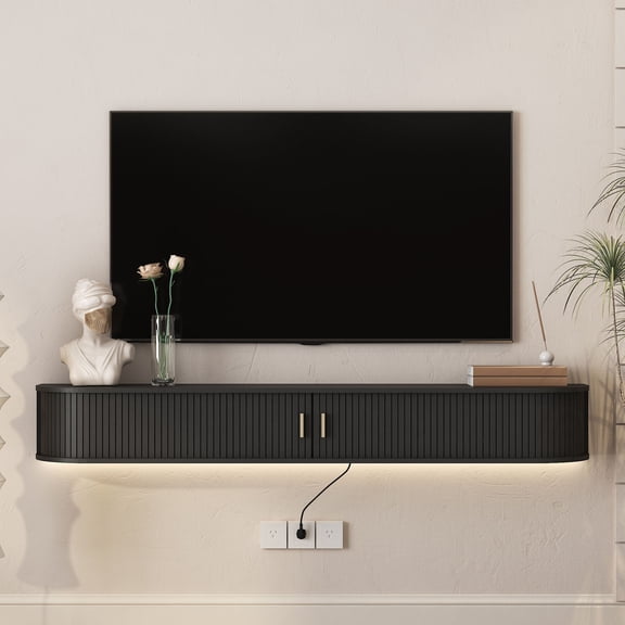 S-HOME 69 Inch Floating TV Stand With 16 Color LEDs, Wall Mounted Mid-Century Console With Sliding Doors For TVs,Black