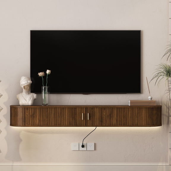 S-HOME 69 Inch Floating TV Stand With 16 Color LEDs, Wall Mounted Mid-Century Console With Sliding Doors For TVs